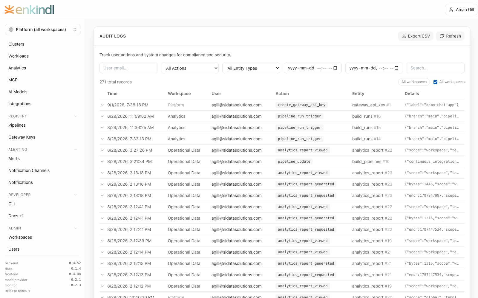 Enkindlr audit log showing governed activity and access records