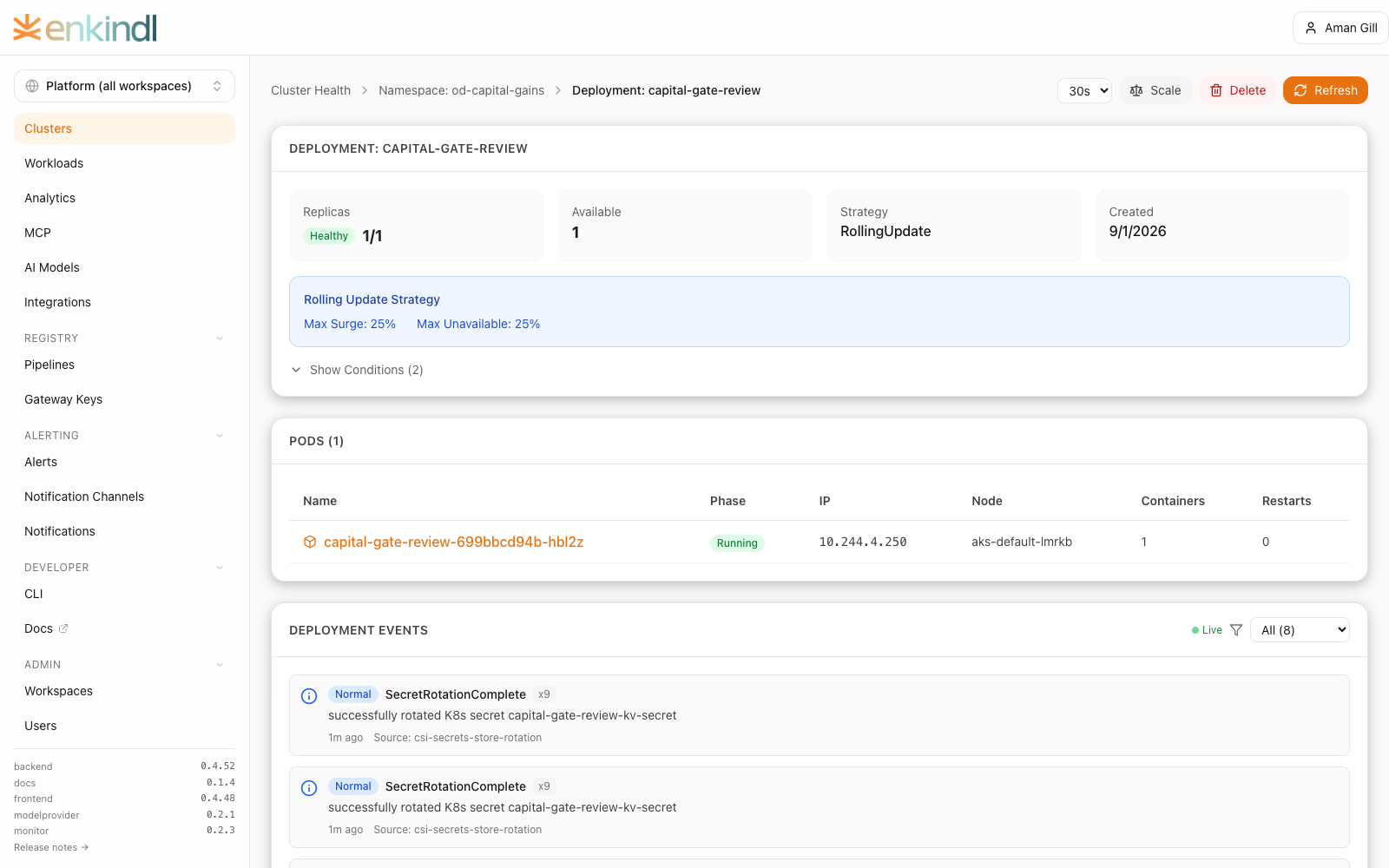 Enkindlr deployment view with scale and rollback controls