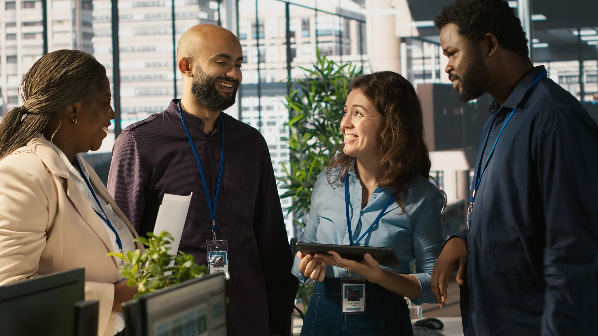 Relaxed coworkers reviewing documents