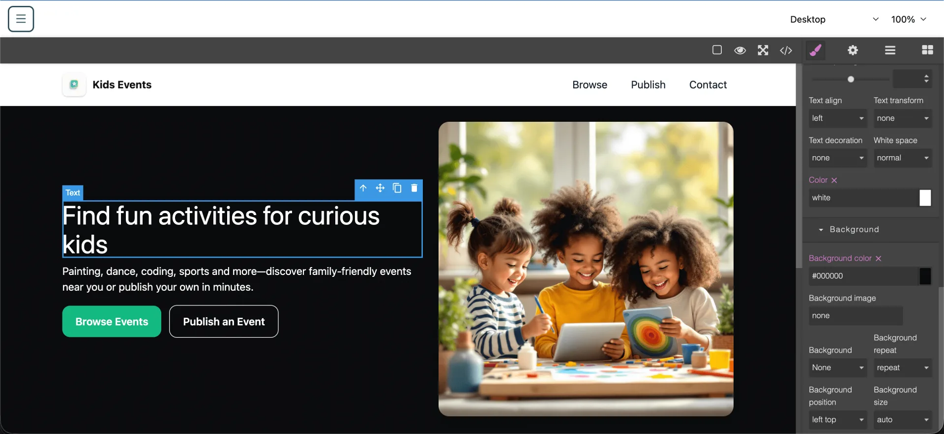 Visual Editor canvas with Style Manager
