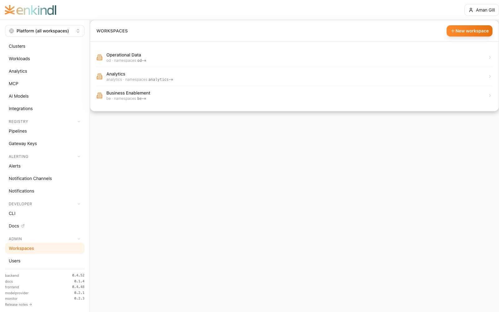 Enkindlr workspace list showing governed team workspaces